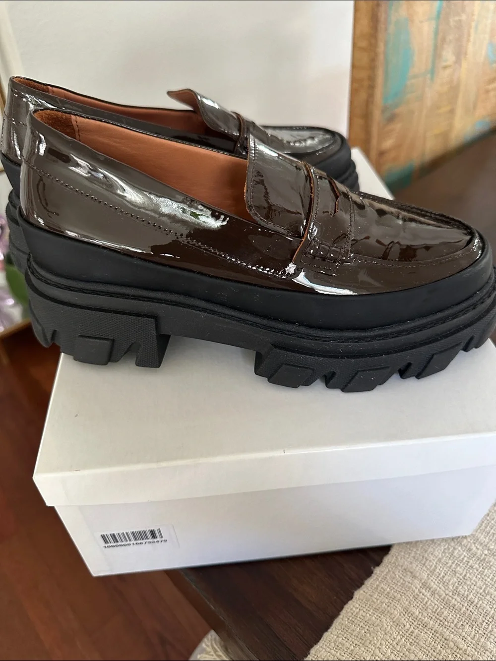 Ganni Brown Patent Leather Lug Sole Penny Loafers